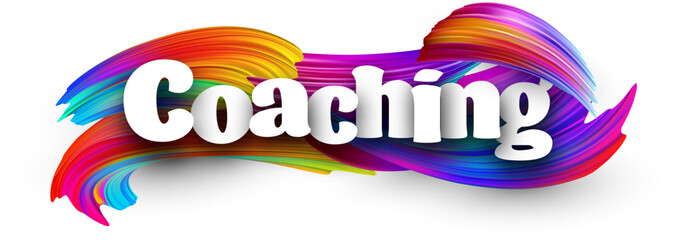 Coaching paper word sign with colorful spectrum paint brush strokes over white. Vector illustration