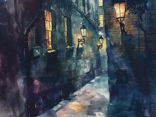 Watercolor Painting of a Moody London Alley