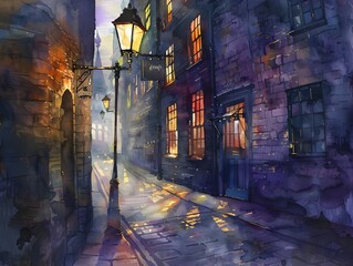 Watercolor Painting of an Enchanting Old City Street at Night