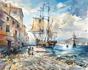 Watercolor Painting of Ships in a Coastal Town
