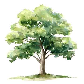 Watercolor Illustration of a Realistic Green Oak Tree