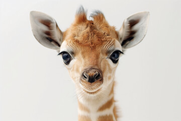 A close-up portrait of a young giraffe facing forward with big, expressive eyes and soft fur. Its ears are perked up.