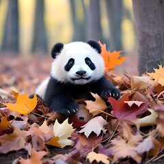 A baby panda rolling around in a pile of leaves, playing as if it were jumping into a pile of autumn foliage like children do. Generative AI.