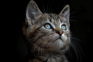 Fototapeta premium A close-up of a kitten gazing upwards with striking blue eyes, set against a dark background, highlighting its fur and whiskers.