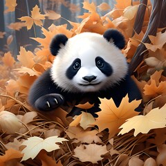 A baby panda rolling around in a pile of leaves, playing as if it were jumping into a pile of autumn foliage like children do. Generative AI.