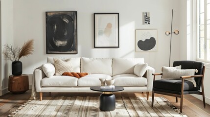 Living space furnished with a white sofa and black armchair, accompanied by blank posters on the...
