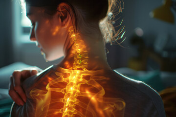 Digital composite highlighted spine of woman with back pain at home back view
 - Powered by Adobe