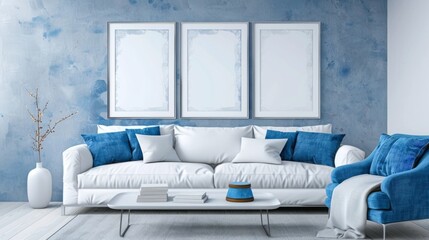 Living space with a white sofa and blue armchair, accompanied by blank posters on the wall