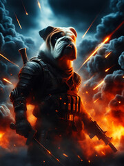portrait of anthropomorphic bulldog as a fighter, cool dog as soldier, background is fire, flame, blast, explosion and smoke, hero warrior, action movie still, wall art and wallpaper - obrazy, fototapety, plakaty