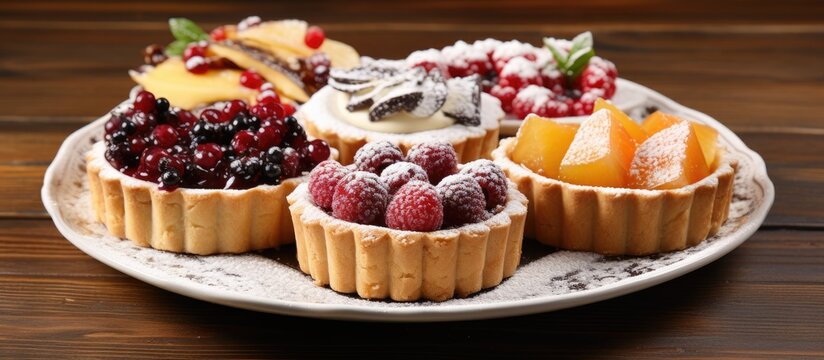 A white plate is filled with an assortment of homemade desserts like tart cakes, all generously dusted with powdered sugar. The sweets look delectable and ready to be enjoyed.