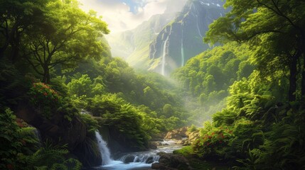 Naklejka na ściany i meble Lush Forest on Mountain Slopes with River Flowing Nearby, Realistic Digital Illustration Portraying Richness of Nature and Vibrant Ecosystem