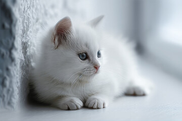A small white kitten with striking blue eyes sitting quietly, looking to the side with a thoughtful expression.