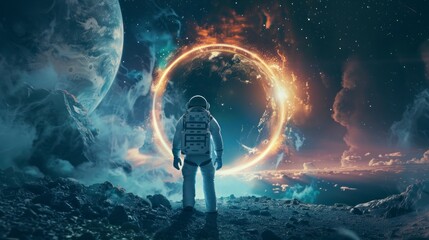 astronaut observing a planet from another planet in the empty space of the universe in high resolution and high quality. real astronomy concept, space