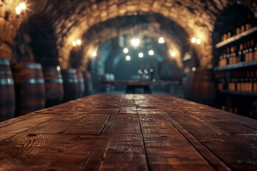 Old wooden empty table in basement with beer or wine barrels in the background with space for product, selective focus
