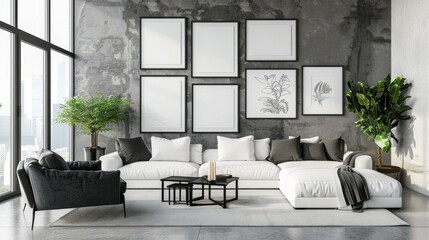 Modern living room adorned with a white sofa and black armchair, accompanied by blank posters on the wall