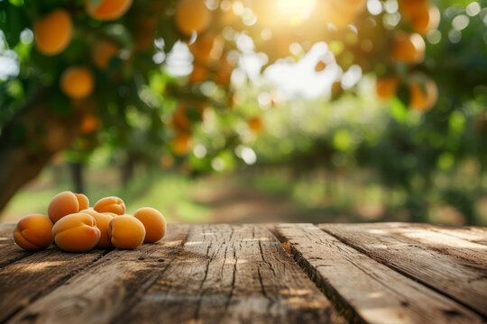 Empty rustic old wooden copy space with space for table product with peaches or trees and rays in the background
