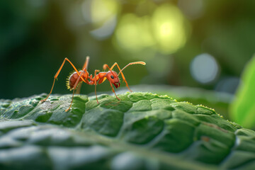 Red ant on a green leaf super macro, selective focus with space for text or inscriptions
 - Powered by Adobe