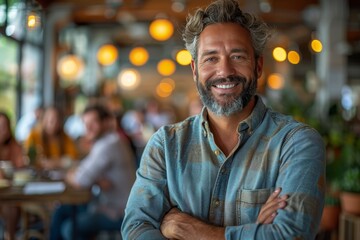 Obraz premium Confident and friendly middle-aged man smiling at the camera in a busy restaurant