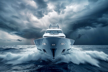 Luxury white yacht sailing into a storm on the ocean or sea. Front view
