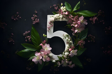 Number five surrounded by different spring flowers on dark background. Happy Valentine's Day.	