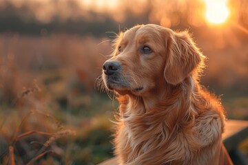 Majestic golden retriever dog enjoying the warm sunset light in a serene field