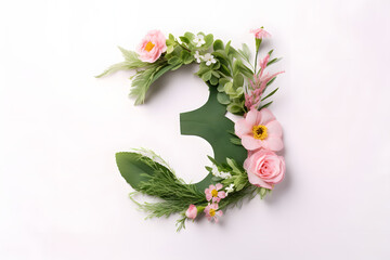 Number three surrounded by different spring flowers on white background. Nature concept.