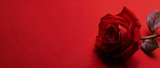 Red Rose flower on minimalist red background. Delicate petals, thorns, powerful symbol of beauty, enduring love and resilience. Mother's Day, Valentine's Day and wedding concept.