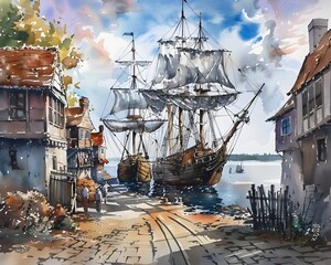 Watercolor Illustration of Sail Ships in Sydney Harbour
