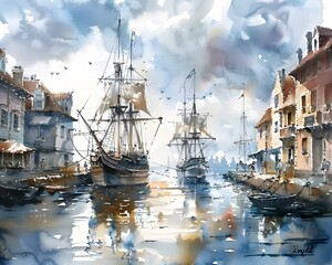 Watercolor Painting of a Harbor with Boats and Old Buildings