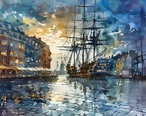 Watercolor Painting of Ocean Going Ship in Old Harbor