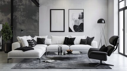 Modern allure of a living room featuring a white sofa and black armchair, accentuated by blank posters on the wall - obrazy, fototapety, plakaty