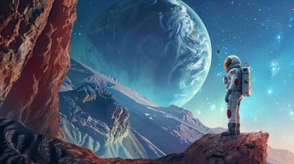 astronaut in a suit visiting a remote exoplanet - obrazy, fototapety, plakaty