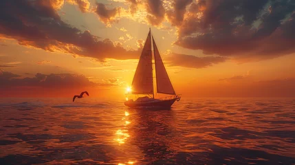 Zelfklevend Fotobehang Yacht sailing against sunset. Holiday lifestyle landscape with skyline sailboat and two seagull. Yachting tourism - maritime evening walk. Romantic trip on luxury yacht during the sea sunset. © Matthew