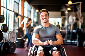 Fototapeta na wymiar A smiling man bodybuilder in a wheelchair, showcasing muscular physique, enjoys his workout in a gym equipped for adaptive fitness. Concept of inclusivity and disability awareness