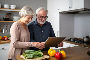An elderly couple in the kitchen with fruit on the counter is using a tablet to look for a recipe for lunch or dinner. An elderly couple in the kitchen holding a tablet in their hands
