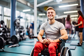 Fototapeta na wymiar A young Caucasian white man bodybuilder in a wheelchair in adaptive gym. Concept of inclusive fitness and accessibility for individuals, people with disabilities. Copy space