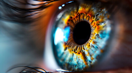 close-up of a vibrant blue human eye, capturing the intricate patterns of the iris and the reflective quality of the tear film, set against a soft, neutral background - obrazy, fototapety, plakaty