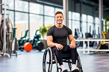 Fototapeta na wymiar A smiling man athlete in wheelchair in a spacious gym. Concept of accessibility environment, adaptive workouts for people with disabilities in inclusive fitness spaces. Copy space