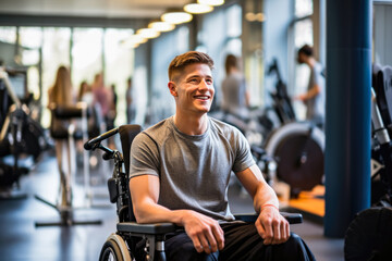A happy young man in a wheelchair enjoying his time in a gym, where equipment and space are adapted for people with disabilities. Concept of inclusiveness of the fitness world