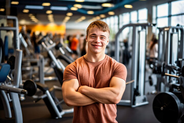 Fototapeta na wymiar A muscular male bodybuilder with Down syndrome confidently stands in a gym. Concept of inclusivity of the fitness community, adaptive workouts for people with disabilities