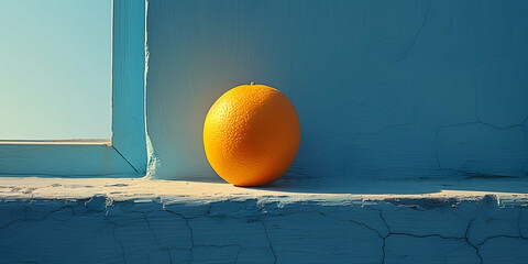 a lemon sitting on the ground in front of a blue wall with a shadow of a person casting a shadow on...