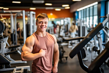 Fototapeta premium A muscular male bodybuilder with Down syndrome stands proudly in a gym. Concept of inclusivity of the fitness community and adaptive workouts for people with disabilities. Copy space