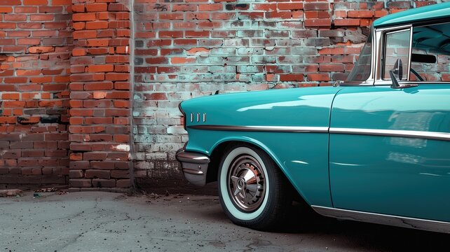Fototapeta A turquoise vintage car parked against an old brick wall