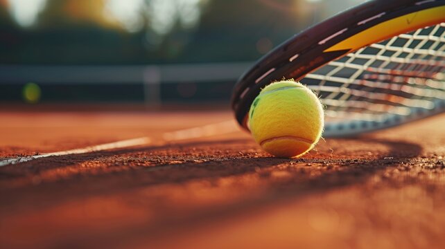 A tennis ball rests against a racket on the red clay of a sunlit tennis court, waiting for play