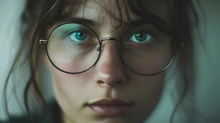 A detailed view of a persons face wearing glasses, showcasing the intricate details and design of the eyewear.
