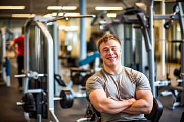 Fototapeta na wymiar A young man Athlete with Down syndrome smiles in the gym. Concept of inclusivity fitness, adaptive workouts for people with disabilities. Copy space