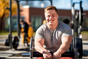 Fototapeta na wymiar A young smiling male bodybuilder with Down syndrome, full of positivity, works out at an outdoor gym in sunny day. Concept of inclusivity fitness, adaptive workouts for people with disabilities