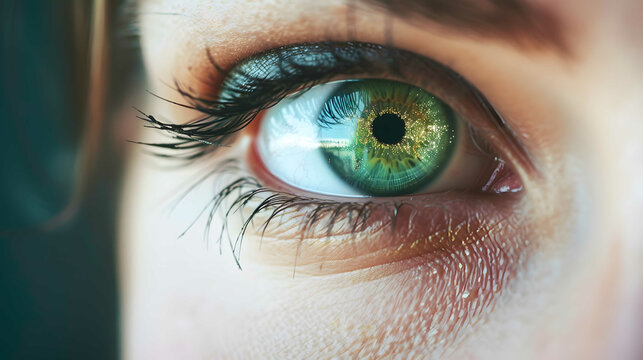 Close-up image of a beautiful female eye with green iris. Open eye, macro photography. The concept of hyperrealism. Template for ophthalmology clinic.