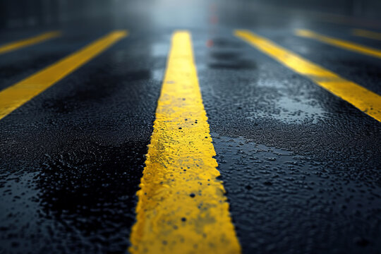 Wet asphalt with yellow lines close up, asphalt after heavy rain background
