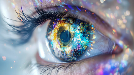 Human Cyborg AI Eye lasik long term effect. Eye looking optic nerve lens space color vision. Visionary iris enucleation sight optic nerve anomalies eyelashes - obrazy, fototapety, plakaty